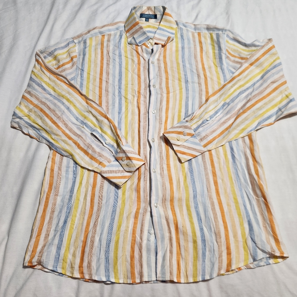 Lorenier Men's XL 100% Linen Long Sleeve Striped Button-up Shirt